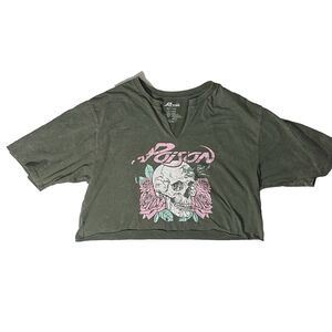 Grunge Graphic Print Skull Boxy Crop Top Size Large Khaki Green Short Sleeved
